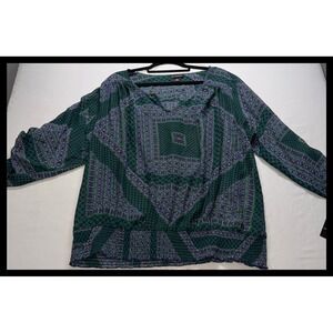 I.N. Studio Blouse Womens 3X Green Blue Geometric Smocked Hem Top